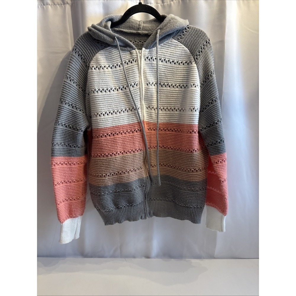 Long Sleeve Knit Sweater Zip Up Hoodie‎ Jacket Lightweight Colorblock XL